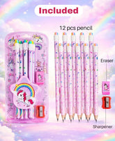 Unicorn Stationery Gift Set for Kids – 12 Rainbow Pencils with Eraser, Sharpener & Cute Pencil Case | School Stationery Kit for Girls, Birthday Return Gift