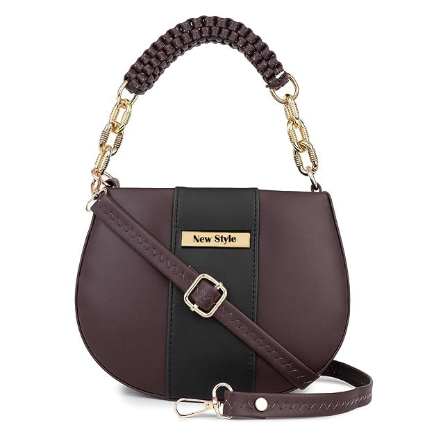 Cluci Women Stylish Round Sling Bag with Gold Chain Handle | Premium PU Leather Crossbody Bag | Adjustable & Detachable Strap | Party & Casual Handbag