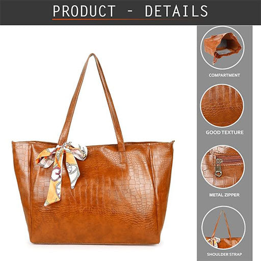 CLUCI Women's Crocodile Pattern Tote Bag Combo Set | Large & Small PU Leather Shoulder Handbags with Scarf | Stylish Office, Shopping & Everyday Combo Bags