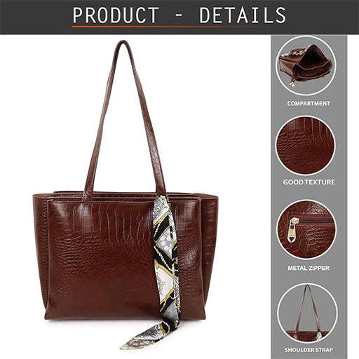 CLUCI Women's Crocodile Pattern Tote Bag Combo Set | Large & Small PU Leather Shoulder Handbags with Scarf | Stylish Office, Shopping & Everyday Combo Bags