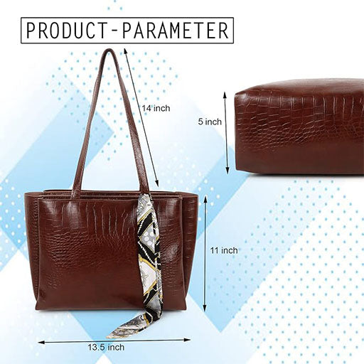 CLUCI Women's Crocodile Pattern Tote Bag Combo Set | Large & Small PU Leather Shoulder Handbags with Scarf | Stylish Office, Shopping & Everyday Combo Bags